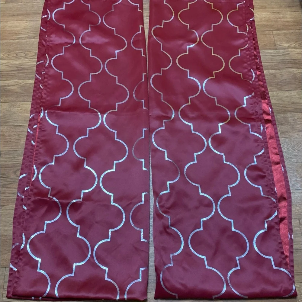 1 pair of burgundy/wine and silver curtains 28” x 84” each panel